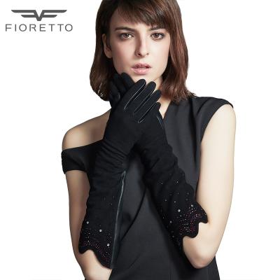 China FIORETTO Plain Fashion Winter Women's Suede Leather Gloves Black Long Party Gloves With Colorful Crystals for sale