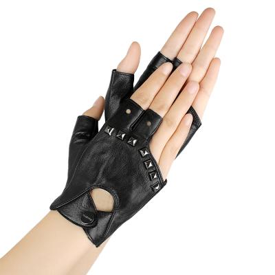 China Punk Rock Street Style FIORETTO Unlined Punk Rock Studs Unlined Black Women's Half Finger Motorcyling Fingerless Driving Leather Gloves for sale