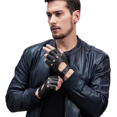 China Fashion Color Unlined Men's Motorcycle Half Finger Deerskin Leather Leather Cycling Fingerless Training Gloves for sale