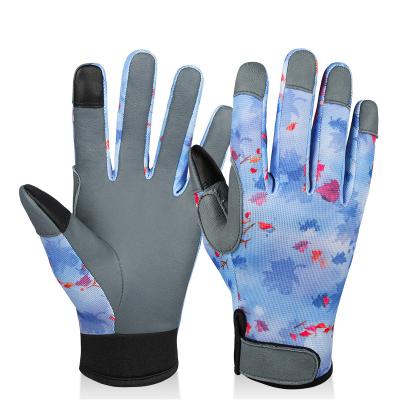 China Breathable Ottoman Floral Pattern Back Gunuine Palm Leather Women Touch Screen Gardening Gloves With Magic Band On Wrist for sale