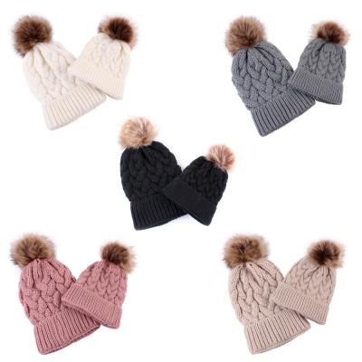 China Winter Matching Beanie Hat Warm Knit Pom Pom Crochet Ski Cap 2PCS Mother's COMMON Baby Hats Parent-child Hat for sale