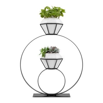 China Modern Plant Pot With Ringed Rack For Succulents Metal Plants Display Rack With Double Flower Pots for sale