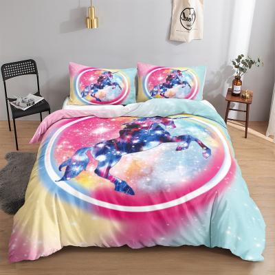 China Lovely Double Duvet Cover Romantic Unicorn Rainbow Star 3D Bedding Set for sale