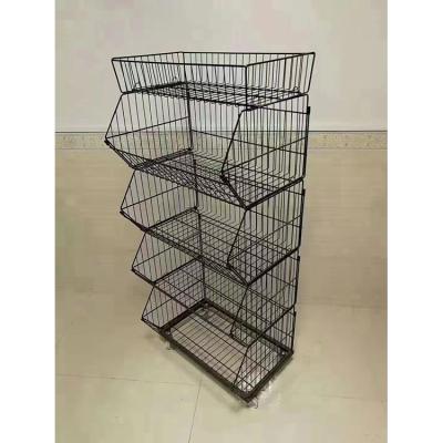 China Factory Wholesale Customized Single Sided Floor Standing With Wheel Mesh Basket Retail Grocery Store Display Stand Supermarket Rack Shelf for sale