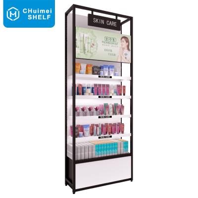 China Fashion Design Makeup Store Double Sided Floor Standing LED Shelf Display Salon Cosmetic Display Rack for sale