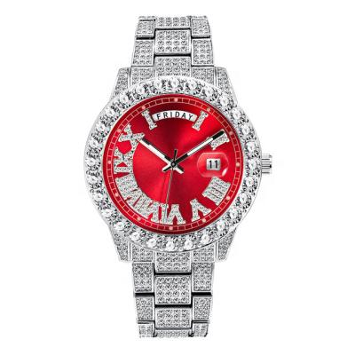 China Low MOQ Logo Private Label Elegance Charm Red Dial Custom Made Full Diamond Automatic Date Men's Watch for sale