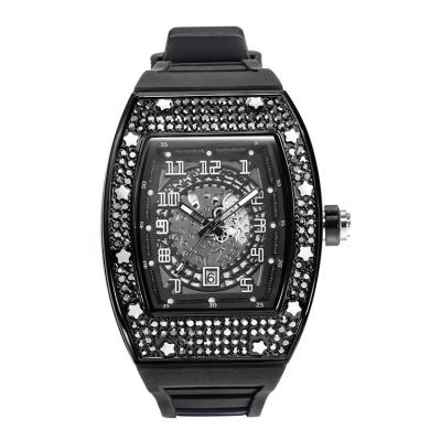 China Date Tonneau Automatic Hip Hop Dial Hollow-Carved Design Iced Out Black Unique Rubber Strap Wrist Watch for sale