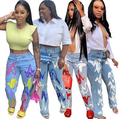 China New design 1:1 luxury QUICK DRY vv printed leisure all-match high waist washed blue ladies jeans pants for sale