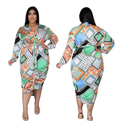 China Breathable Cheap Price Long Sleeve Print Plus African Lines One Size Pleated Dresses 2xl 3xl 4xl 5xl Women Lady Casual Dress for sale