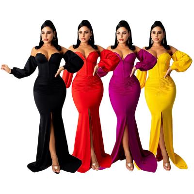 China Sexy and elegant dresses 2022 breathable hot Amazon style solid color broom waist party women formal dress with sleeves for sale