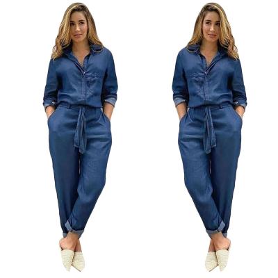 China 2022 Trends New Design Women Long Sleeve Polo Neck Breathable Fashion Women Denim One Piece Overalls With Belt for sale