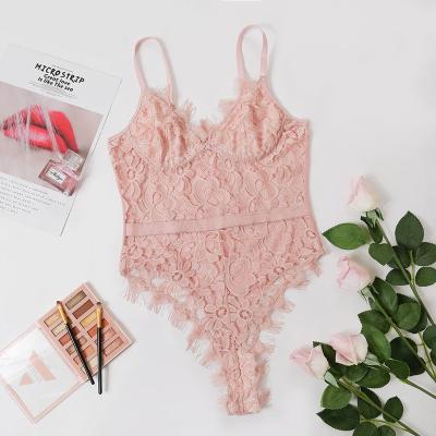 China 2021 hot sexy open transparent lingerie lace girl pink one-piece clothes for sale