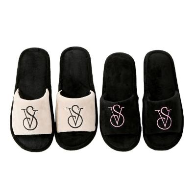 China Cushioning Customized Soft ladies plush flat open toe slippers women fashion autumn winter home slide custom logo slippers for sale