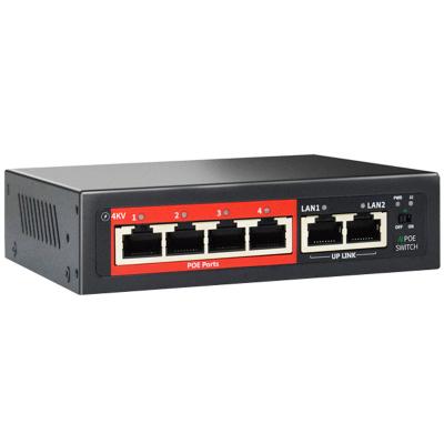 China POE OEM/ODM AI POE Switch 4 ports +2 uplink, IEEE 802.3 af/at POE+ 100 Mbps, built-in 52W power, extend to 250 meters for sale