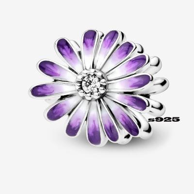 China 2021 New Purple Daisy FLOWER Charm Fit Cute Charm Bracelet Necklace Sterling Silver DIY Jewelry for sale