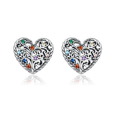 China Newest CLASSIC Women Fashion Oxidized Silver Tree Of Life Sterling Silver CZ Diamond Heart Stud Earrings for sale