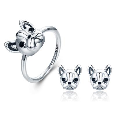 China 925 Sterling Silver Loyal Partners French Bulldog Casual/Sporty Pure Dog Animal Female Ring For Women Fashion Jewelry Free Sample for sale