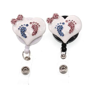 China Fashinable Rhinestone Heart Shape White Pink/Medical Retractable Footprint Badge Holder Badge Reel Baby Blue for sale