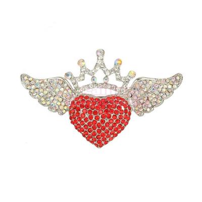 China 3D Gift for Women Girlfriend Heart Angel Wing Crown Brooch Red Crystal Silver-Tone Valentine's Day Brooch Pin for sale