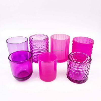 China Fashionable Romantic Purple Pink Glass Candle Holder Solid Color Embossed Vessel for sale