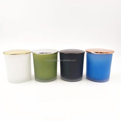 China Eco - Friendly Recyclable Parts Frosted Colored Votive Glass Candle Containers With Metallic Ceramic Lids for sale