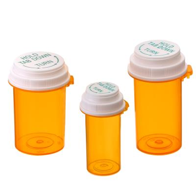 China Medicine One Click Thumb Tab Reversible Caps Plastic Pill Prescription Bottle for sale