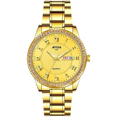 China Day/date luxury brand men's watch temperament gold wristwatch fashion trend men's waterproof quartz Diamond Watches for sale