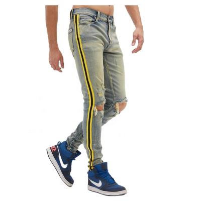 China High Stretch Breathable Customized Mens Striped Jeans Ripped Blue Skinny Side Man for sale