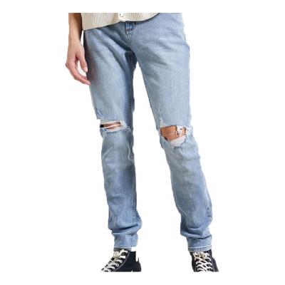 China Breathable Custom OEM Destroyed Denim Tapered Jeans Light Blue Ripped Skinny Jeans Mens for sale