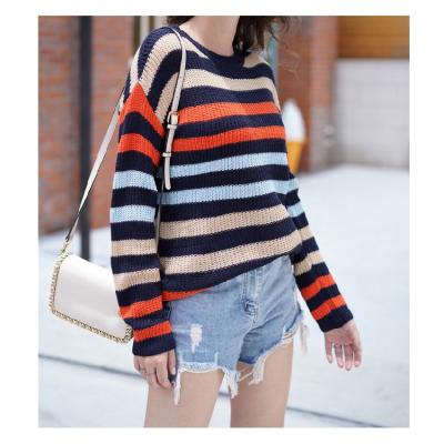 China Anti-wrinkle OEM Custom Autumn Women Casual Sweater Knit Striped Long Sleeve Crewneck Women Sweater Pullover for sale