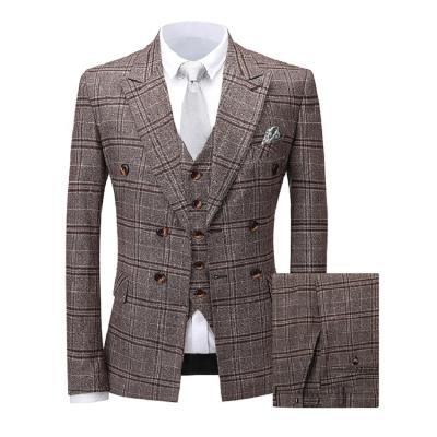 China Custom Made Fashion Plaid Men's Formal Anti-Wrinkle Business Check OEM Suit 3 Pcs One Set for sale