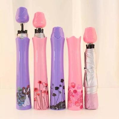 China Modern Colorful Drawing Folding Rose Pattern Vase Bottle Outdoor Mini Umbrella for sale