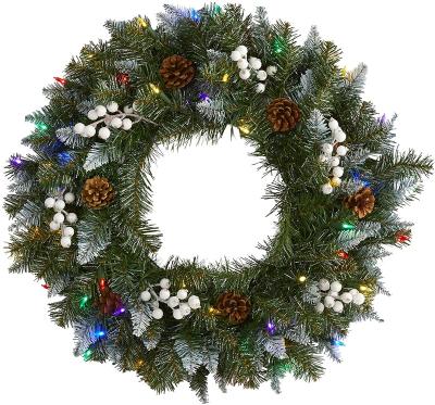 China Fashional 24 Inch Snow Tilted Artificial Christmas Garland with Multicolor LED Lights, White Berries and Pine Cones for sale