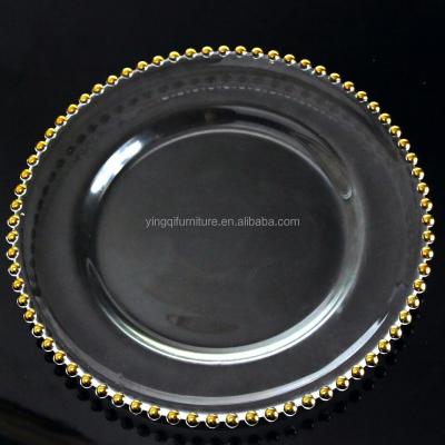 China Ice Colored Gold Beaded Glass Charger Plates For Wedding Table Decoration for sale