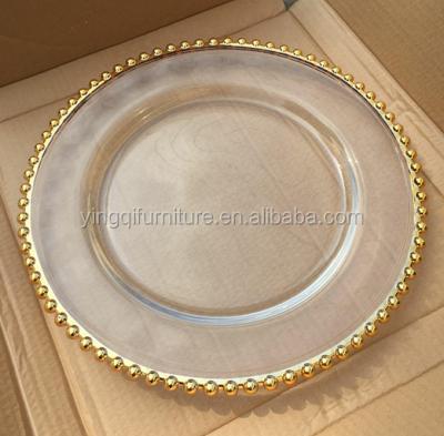 China Colorful Cheap Ice Wedding Crystal Clear Gold Beaded Glass Charger Dish for sale