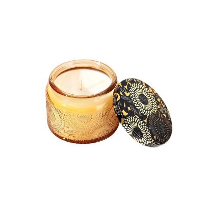 China Home Decoration Wholesale 300ml Color Candle Luxury Embossed Glass Jar With Sealed Metal Lid for sale