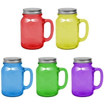 China Viable Wholesale Colored Glass Mug Mason Jar With Metal Handle And Screw Lid for sale