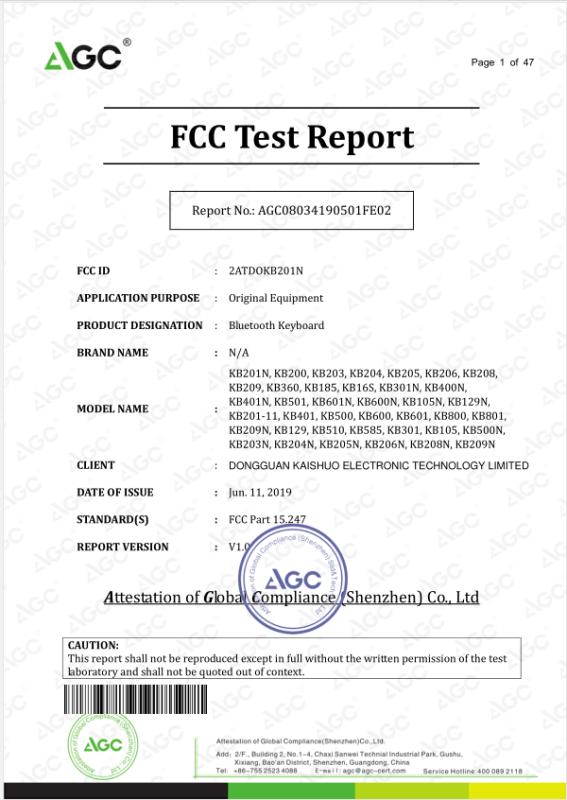 FCC - Dongguan Kaishuo Electronic Technology Co., Ltd.