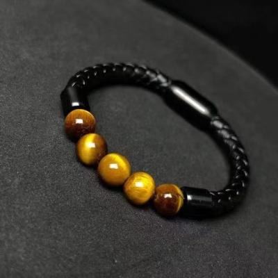 China 2021 Unisex Punk Bracelet Jewelry Watch Around Tiger Eye Leather Strap Bead Magnet Buckle Rope Bracelet for sale