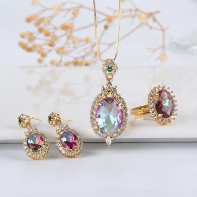 China FASHION Zircon Gold Plated Jewelry Set Colored Oval Zircon Rhinestones Inlaid 18K Gold Plated Stainless Steel Jewelry Set for sale