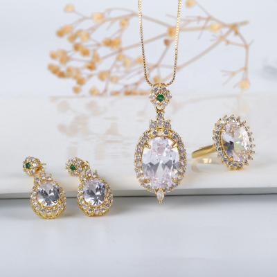 China CLASSIC Zircon Jewelry Set White Oval Zircon Plated Necklace 18K Gold Inlay Stainless Steel Ring Earrings Jewelry Set for sale