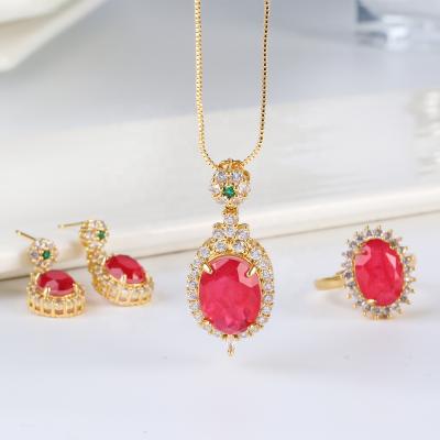 China CLASSIC Red Spar Jewelry Set For Ladies 2021 Hot Sale Red Spar Inlaid Full Diamond Stainless Steel 14K Gold Plated Jewelry Set for sale