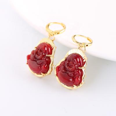 China FASHIONED Buddha Earrings 2021 New Red Agate Buddha Dangle Earrings With Inlay Fashion Gold Plated Earrings for sale