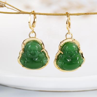 China FASHIONED Buddha Earrings 2021 New Green Agate Buddha Dangle Earrings With Inlay Fashion Gold Plated Earrings for sale