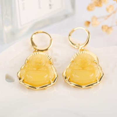 China FASHIONED Buddha Earrings 2021 New Yellow Jade Buddha Dangle Earrings With Inlay Fashion Gold Plated Earrings for sale