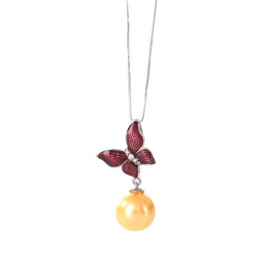 China Silver Butterfly 925 Silver Inlaid Pendant Necklace Adjustable Round Gold Red Pearl Bead Necklace Length 2021 New for sale