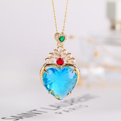 China Fashion Plated Women's Crystal Necklace Pendant Gold Glass Crystal Alloy New Fashion Blue 14K Decoration Opp Heart Customized CMA Bag for sale