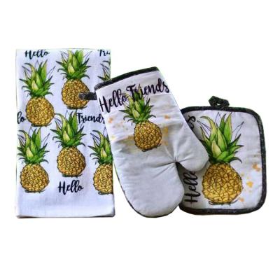 China 3 PCS Kitchen Printed Textile Set 100% Cotton Oven Mitt Pot Holder Towel for sale