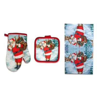 China WholesaleChristmas Promotional Custom Printed Heat Resistant Kitchen Oven Mitt Pot Holder Cotton Set for sale