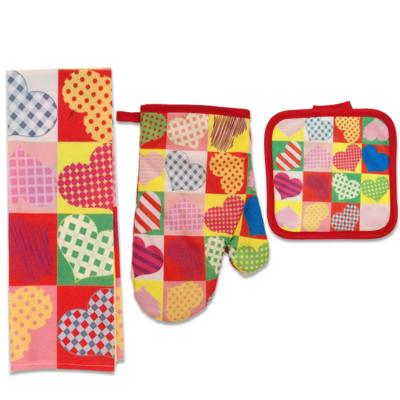 China Professional Wholesale Custom Printed Heat Resistant Cotton Oven Mitts Kitchen Potholder Apron Set for sale